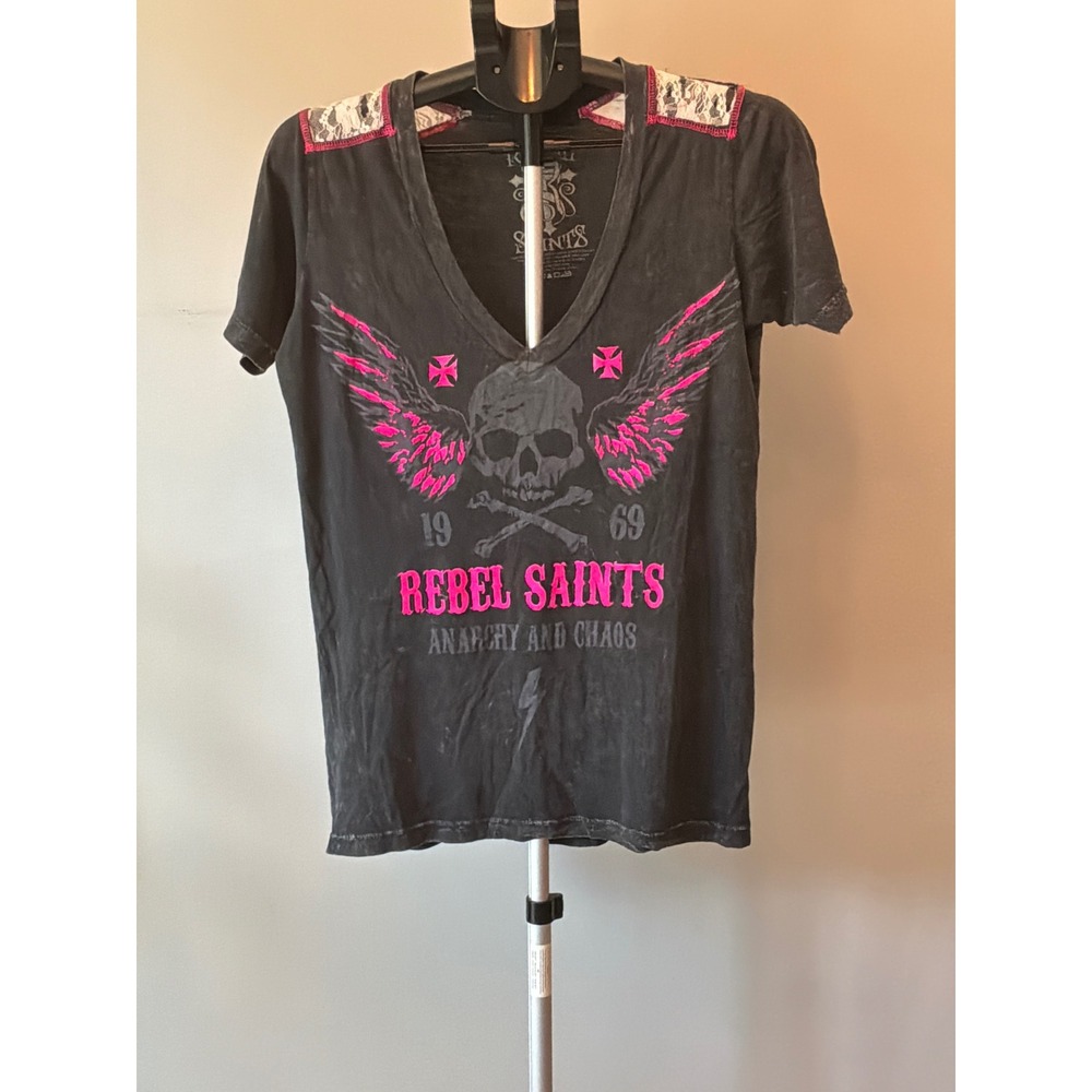 Rebel Saints Graphic V-Neck Tee Women XL Gray Pink Skull Lace Grunge SoftAlt